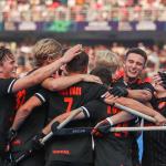 Dutch players celebrate a goal during the FIH Men's Field Hockey World Cup match between the Netherlands and Malaysia in Rourkela, India, 14 January 2023