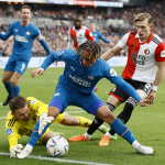 Feyenoord goalkeeper Timon Wellenreuther, Xavi Simons of PSV Eindhoven, Marcus Pedersen of Feyenoord during the Dutch eredivisie match between Feyenoord and PSV in Feyenoord Stadium de Kuip on 5 february 2023 in Rotterdam, Netherlands.