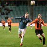 Feyenoord's Norwegian defender Marcus Holmgren Pedersen and Shakhtar Donetsk's Ukrainian forward Dmytro Topalov vie for the ball during the UEFA Europa League