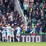 Furious FC Groningen supporters fight with Groningen players during the Dutch eredivisie match between FC Groningen and SC Heerenveen in the Euroborg stadium on 19 march 2023 in Groningen, Netherlands.