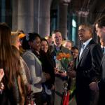 U.S. President Barack Obama is greeted in front of the Rijksmuseum in Amsterdam as Dutch Prime Minister Mark Rutte looks on. 24 March 2014