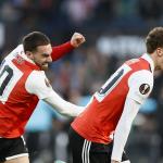 Orkun Kokcu of Feyenoord, Mats Wieffer of Feyenoord celebrate the 1-0 during the UEFA Europa League quarter final match between Feyenoord and AS Roma in Feyenoord Stadium de Kuip on 13 april 2023 in Rotterdam, Netherlands.