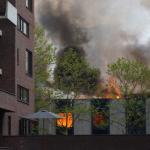 A fire rages in a vacant building on Lichtstraat in Eindhoven, Noord-Brabant. 13 May 2023