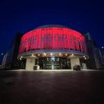 Almere city hall lit up in red to celebrate Almere City FC's promotion to the Eredivisie, 11 June 2023