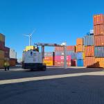 An inspection vehicle from the Dutch customs office used to scan sea containers at the IJssel Delta Terminal in Kampen. October 2022