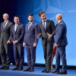 During a photo shoot at the NATO Summit in Vilnius, Latvian leader Krišjānis Kariņš joins his counterparts, Xavier Bettel of Luxembourg, Jakov Milatović from Montenegro, Dutch PM Mark Rutte, and Dimitar Kovachevski of North Macedonia. 11 July 2023