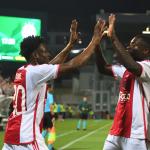 Mohammed Kudus (L) and Brian Brobbey of Ajax celebrate after scoring during the UEFA Europa League play-off round, 1st leg soccer match between Ludogorets and Ajax in Razgrad, Bulgaria, 24 August 2023.