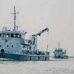 Defense diving vessels Argus (front) and Nautilus searching the IJsselmeer for two missing British WWII bombers, a Lancester and a Manchester, June 2021