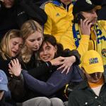 Swedish supporters react as they wait in the stand during the Euro 2024 qualifying football match between Belgium and Sweden at the King Baudouin Stadium in Brussels on October 16, 2023, after an attack that targeted Swedish citizens.