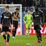 Kristian Hlynsson of Ajax, Devyne Rensch of Ajax, Ajax goalkeeper Diant Ramaj, Brian Brobbey of Ajax disappointed after the 4-3 during the UEFA Europa League match in group B between Olympique Marseille and Ajax Amsterdam in Stade de Marseille on 30 november 2023 in Marseille, France