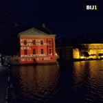 Pro-Palestinian slogan projected by BIJ1 activists onto the Mauritshuis in The Hague. 