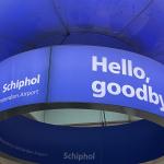 A sign at Schiphol Airport saying "hello, goodbye," 1 November 2023