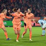 Katja Snoeijs of Holland, Damaris Egurrola of Holland, Vivianne Miedema of Holland celebrate a 4-0 win in the UEFA Nations League women match between the Netherlands and Belgium in the Koning Willem II stadium in Tilburg, 5 December 2023