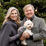 Queen Máxima and King Willem-Alexander pose with their dog, Mambo, during their annual winter photo session at Huis ten Bosch palace. 22 December 2023