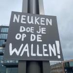 Sign at the NDSM-Werf protesting against the Erotic Center, stating “Do your fucking in De Wallen” in Dutch. March 2023.