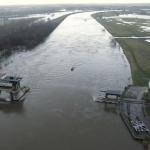 Infrastructure workers at the Maas River weir in Roermond amid high water levels. 4 January 2024