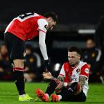 Santiago Gimenez of Feyenoord, Quilindschy Hartman of Feyenoord after the UEFA Europa League play-off match between Feyenoord and AS Roma at Feyenoord Stadium de Kuip on February 15, 2024 in Rotterdam, Netherlands.