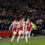 Steven Berghuis of Ajax, Branco van den Boomen of Ajax, Anton Gaaei of Ajax celebrate the 2-2 during the UEFA Conference League play-off match between Ajax Amsterdam and Bodo/Glimt at the Johan Cruijff ArenA on February 15, 2024 in Amsterdam, Netherlands .