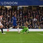 Chelsea's Colombian striker #35 Mayra Ramirez (C) scores the opening goal during the UEFA Women's Champions League quarter-final second-leg football match between Chelsea and Ajax at Stamford Bridge in London, on March 27, 2024. 