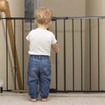 Toddler standing at a baby gate on the top of a staircase