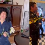 Comedian Hans Teeuwen in a cheeky parody of Amsterdam Mayor Femke Halsema with a prop gun on a table. Police raided his home a few hours later because of the gun. 12 March 2024