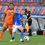 Italy's Agnese Bonfanti and Netherlands player Esmee Brugts during the Women's European Qualifiers 2025 match Italy vs Netherlands at the Gigi Marulla Stadium in Cosenza, Italy on April 5, 2024 