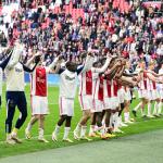  Ajax celebrates the 2-1 victory after the Dutch Eredivisie match between Ajax Amsterdam and FC Twente at the Johan Cruijff ArenA on April 14, 2024 in Amsterdam, the Netherlands.