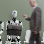 Business people and humanoid AI robot sitting and waiting for a job interview.