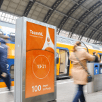 Countdown to the 2024 Summer Olympics in Paris on a screen at a Dutch train station, 17 Apri 2024