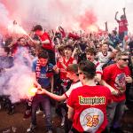 PSV fans celebrate the football club's 25th championship with a party on the streets of Eindhoven after the team's 4-2 win over Sparta. 5 May 2024