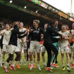 Go Ahead Eagles celebrate the victory during the semi-final play-offs for European football between NEC and Go Ahead Eagles in De Goffert on May 23, 2024 in Nijmegen, Netherlands.