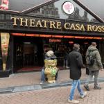 Jan Otten straddling the elephant in front of live sex theater Casa Rosso in Amsterdam's Red Ligth District, 20 April 2017