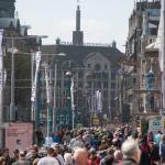 The crowded Damrak shopping street in Amsterdam