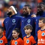 Memphis Depay , Georginio Wijnaldum, Lutsharel Geertruida (Netherlands) during the friendly match between the Netherlands and Canada at Feyenoord Stadion de Kuip on June 6, 2024 in Rotterdam