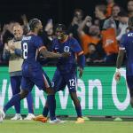 Jeremie Frimpong of the Netherlands (12) celebrates the 2-0 during the friendly match between the Netherlands and Canada at Feyenoord Stadium de Kuip on June 6, 2024 in Rotterdam, Netherlands.