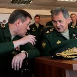 Valery Gerasimov (l) and Sergei Shoigu (r) during a Russian military athletic ceremony. 17 August 2023