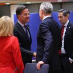 Mark Rutte at his final EU Summit as the Dutch prime minister, shaking hands with Austrian Chancellor Karl Nehammer as Prime Ministers Evika Siliņa of Latvia and Simon Harris of Ireland look on. 27 June 2024