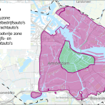 A map showing the environmental zones taking effect in Amsterdam on 1 January 2025. The green is an emission-free zone for all commercial vehicles and vans, the red bans the most polluting diesel engines