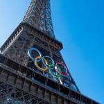 The Olympic rings on the Eiffel Tower in Paris, 7 June 2024