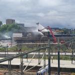 The fire department fighting a fire at the renovations happening around Groningen station, 17 July 2024