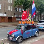 A car deckec with Dutch and Turkish flags ahead of the Netherlands and Turkey's matches in the round of 16 of the European Championship. Parked in front of a mosque in Amsterdam Oost, 2 July 2024