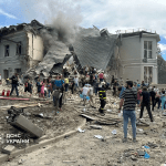 One of buildings of children's hospital Okhmatdyt in Kyiv after Russian missile attack on Ukraine on 8 July 2024