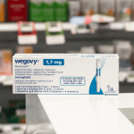 Packaging box of Wegovy (semaglutide), an injectable prescription medication, weight-loss drug by pharmaceutical Novo Nordisk, in a pharmacy