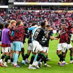 Feyenoord players celebrate the victory during the 28th edition of the Johan Cruijff Shield between PSV Eindhoven and Feyenoord at the Phillips Stadium on August 4, 2024 in Eindhoven, Netherlands