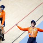 Track cyclists Roy van den Berg, Harrie Lavreysen and Jeffrey Hoogland win a gold medal during the team sprint final at the Olympic Games.