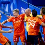 Dutch hockey players celebrate their victory over Germany during the final at the Olympic Games.