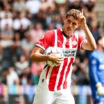 Guus Til of PSV Eindhoven celebrates the 1-1 during the Dutch Eredivisie match between Heracles Almelo and PSV at Asito stadium on August 18, 2024 in Almelo, Netherlands.