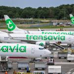 Transavia passenger planes on the tarmac of Eindhoven Airport