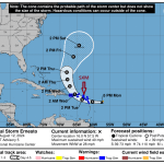 Map showing the expected path of Tropical Storm Ernesto as of 12 August 2024, 5 p.m. AST