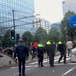 Police on patrol in Rotterdam during the citywide celebration for Feyenoord’s 2022-2023 Eredivisie championship. 16 May 2023